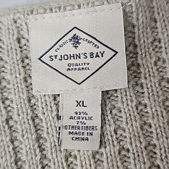 Womens Sz XL Tan Silver Metallic Thread Cable Knit V-neck Tunic Sweater - Picture 8 of 13